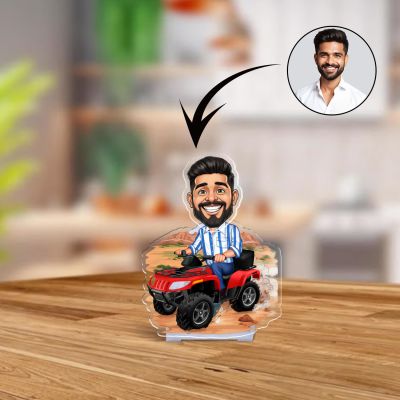 A Man with mountain car Personalized Bobblehead Caricature Acrylic Standee, Funny Cartoon Character Desk Decor Funny Gift for Brother & Friends Solar Powered Moving Head for Car Dashboard & Tabletop